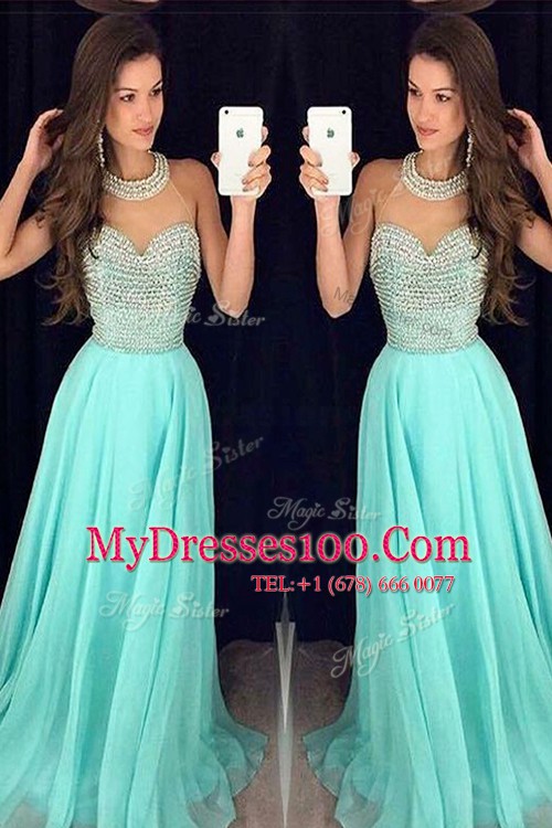 Aqua Blue Organza Zipper Prom Gown Sleeveless Sweep Train Beading