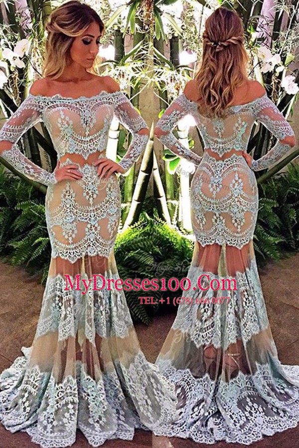 Custom Design Mermaid Off The Shoulder Long Sleeves Lace Homecoming Dress Lace Zipper