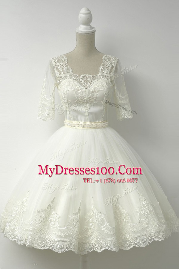 Inexpensive White Tulle Zipper Prom Gown Half Sleeves Knee Length Lace