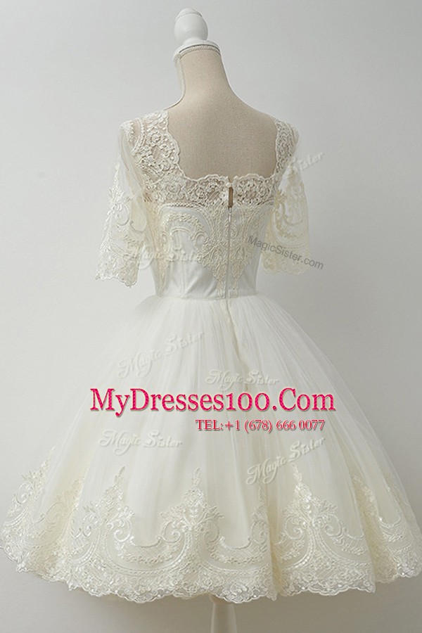 Inexpensive White Tulle Zipper Prom Gown Half Sleeves Knee Length Lace