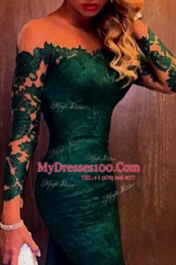 Pretty Mermaid Off the Shoulder Dark Green Lace Zipper Dress for Prom Long Sleeves Sweep Train Lace