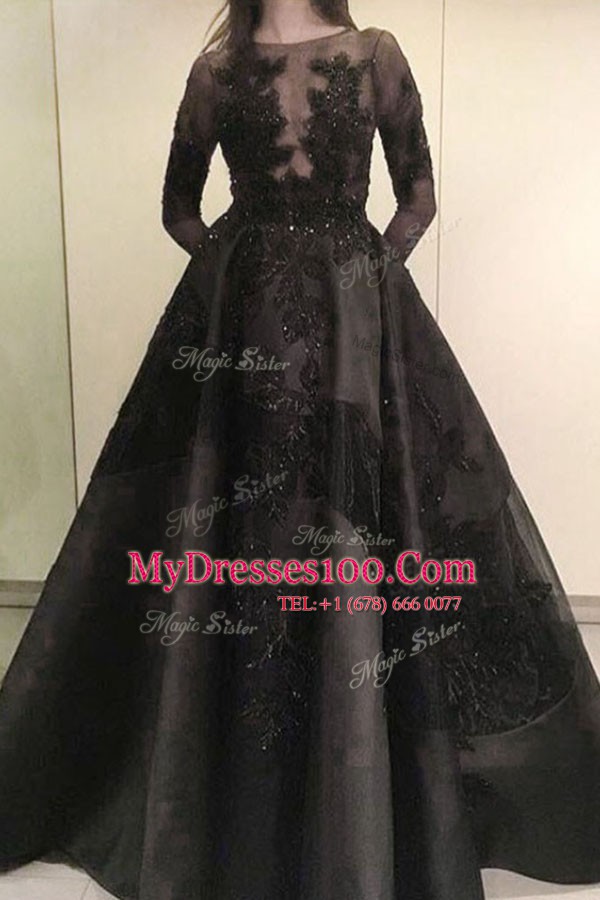 Floor Length A-line Long Sleeves Black Evening Dress Zipper
