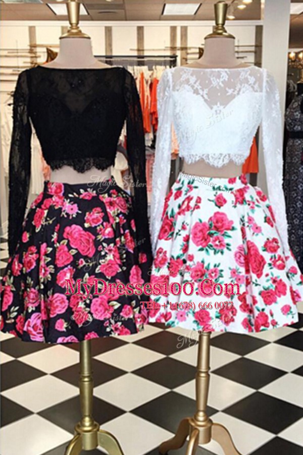 Multi-color A-line Lace Bateau Long Sleeves Lace and Pattern Knee Length Zipper Prom Dress