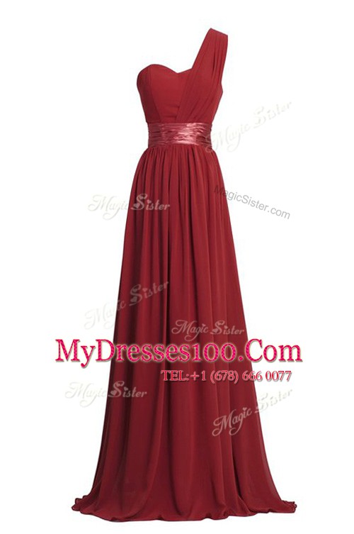 One Shoulder Chiffon Sleeveless Floor Length Womens Evening Dresses and Ruching and Belt