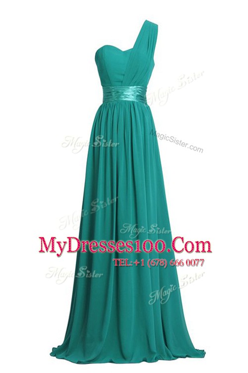 One Shoulder Chiffon Sleeveless Floor Length Womens Evening Dresses and Ruching and Belt