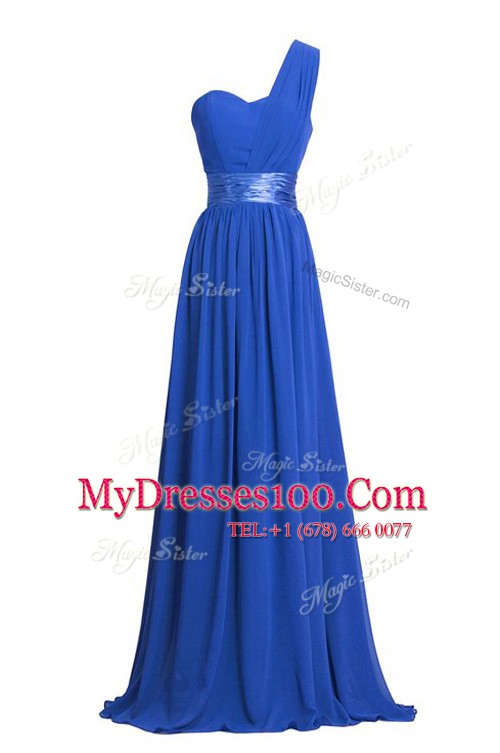 One Shoulder Chiffon Sleeveless Floor Length Womens Evening Dresses and Ruching and Belt