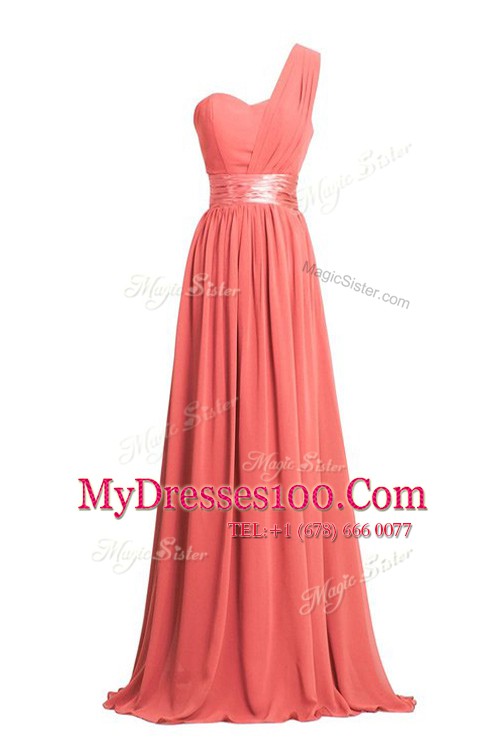 One Shoulder Chiffon Sleeveless Floor Length Womens Evening Dresses and Ruching and Belt