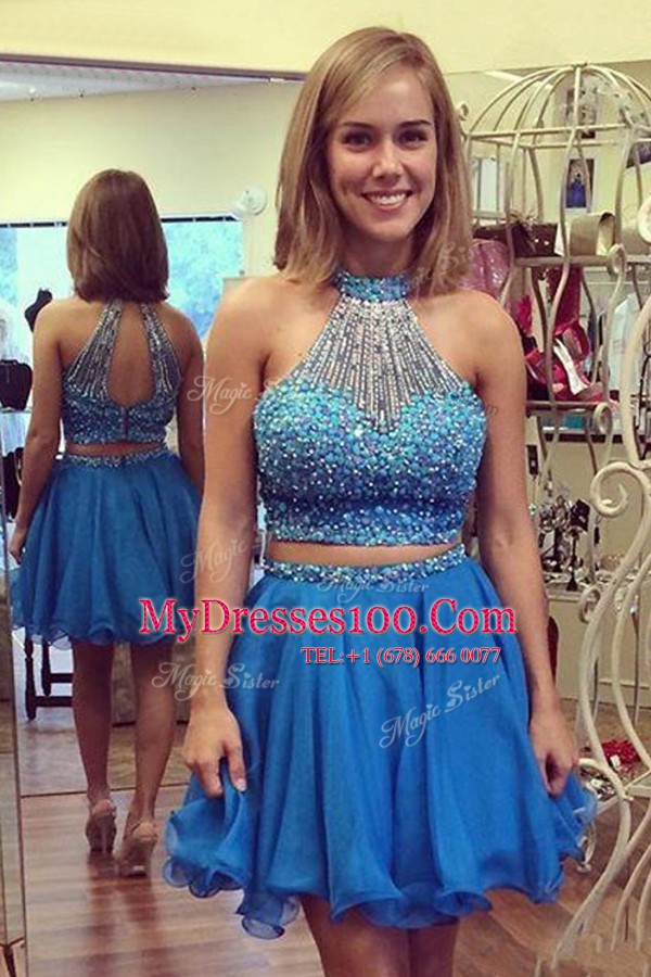 Cute Halter Top Sleeveless Organza Prom Dress Beading Zipper