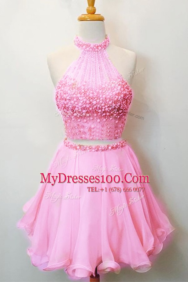 Cute Halter Top Sleeveless Organza Prom Dress Beading Zipper