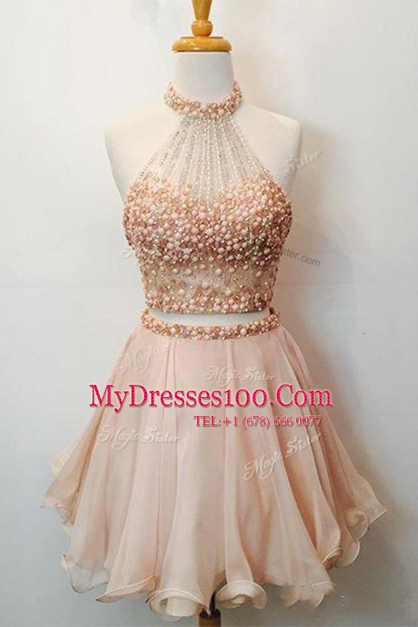 Cute Halter Top Sleeveless Organza Prom Dress Beading Zipper