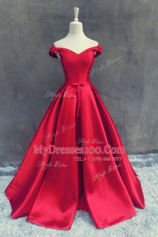 Pretty Red Off The Shoulder Zipper Sashes ribbons and Bowknot Evening Dresses Sweep Train Short Sleeves