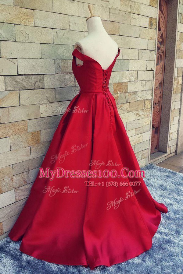 Pretty Red Off The Shoulder Zipper Sashes ribbons and Bowknot Evening Dresses Sweep Train Short Sleeves