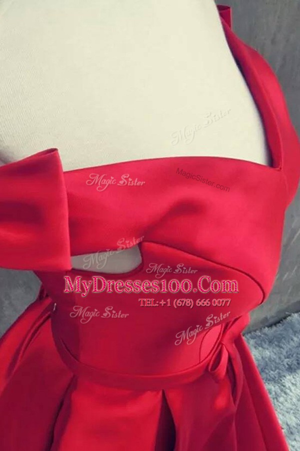 Pretty Red Off The Shoulder Zipper Sashes ribbons and Bowknot Evening Dresses Sweep Train Short Sleeves