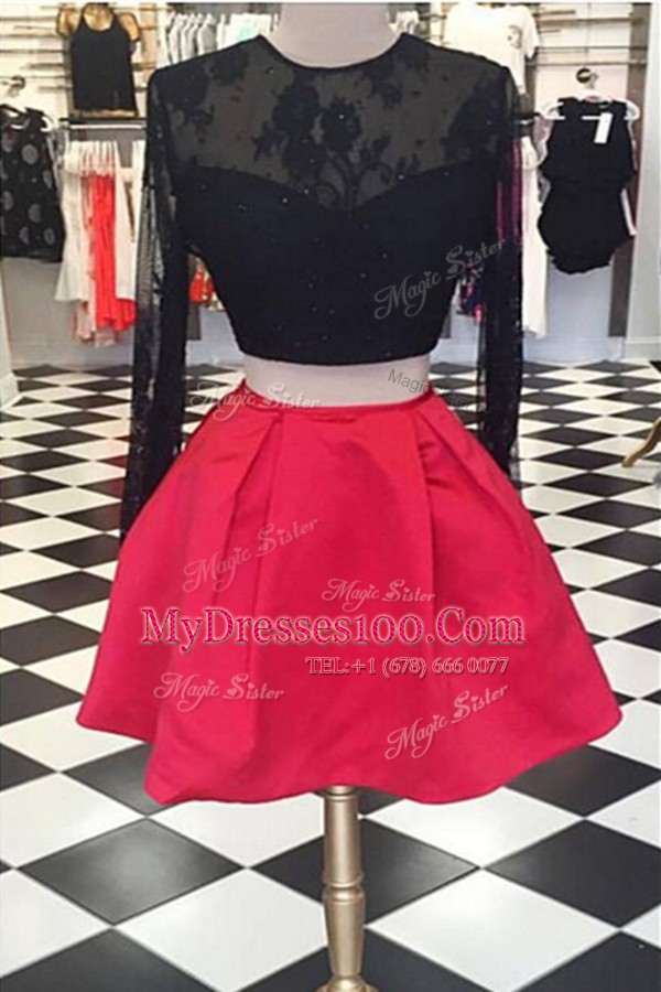 Scoop Red And Black Long Sleeves Lace Knee Length Prom Dresses