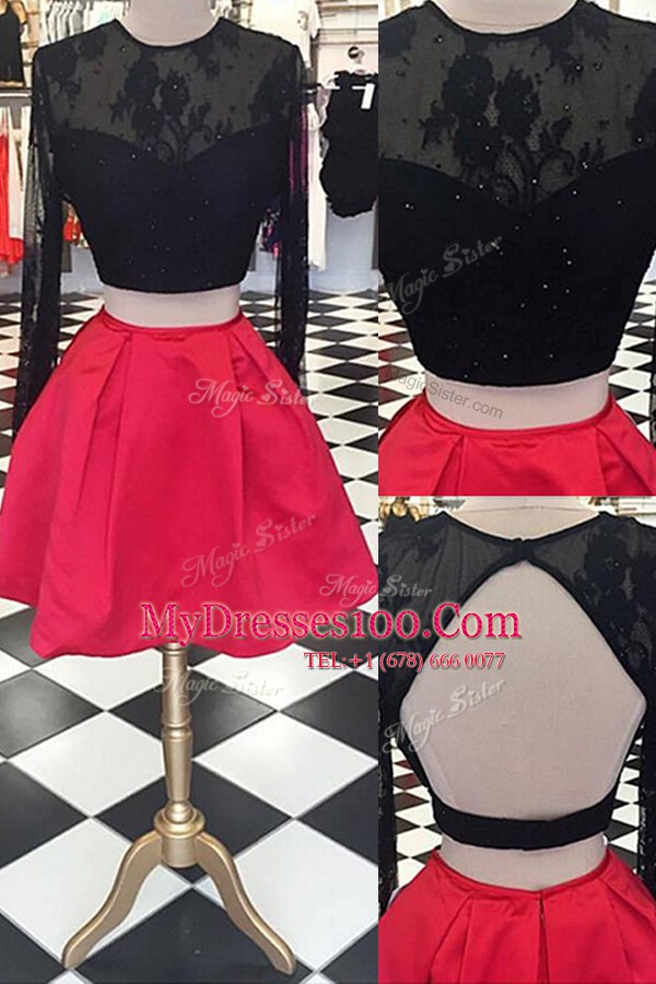 Scoop Red And Black Long Sleeves Lace Knee Length Prom Dresses