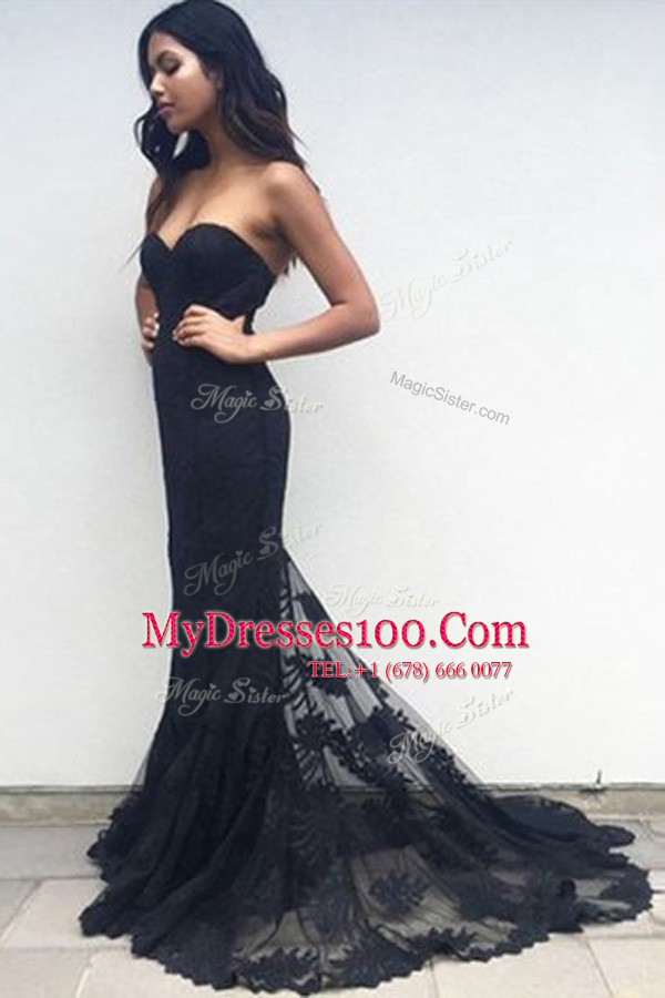 Romantic Mermaid Lace Prom Dress Black Zipper Sleeveless Sweep Train