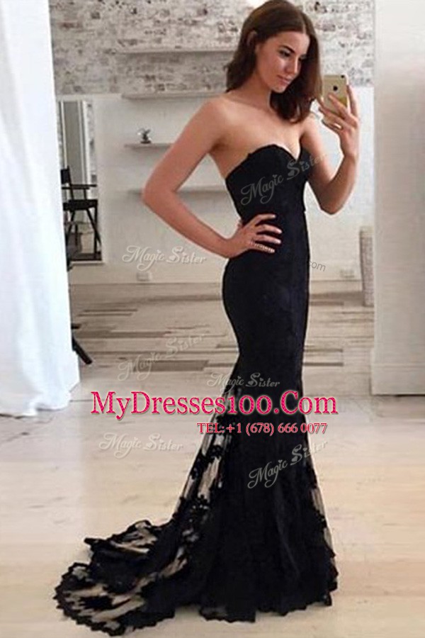 Romantic Mermaid Lace Prom Dress Black Zipper Sleeveless Sweep Train