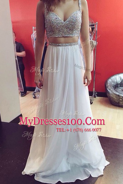 White Zipper Spaghetti Straps Beading and Ruching Prom Gown Elastic Woven Satin Sleeveless