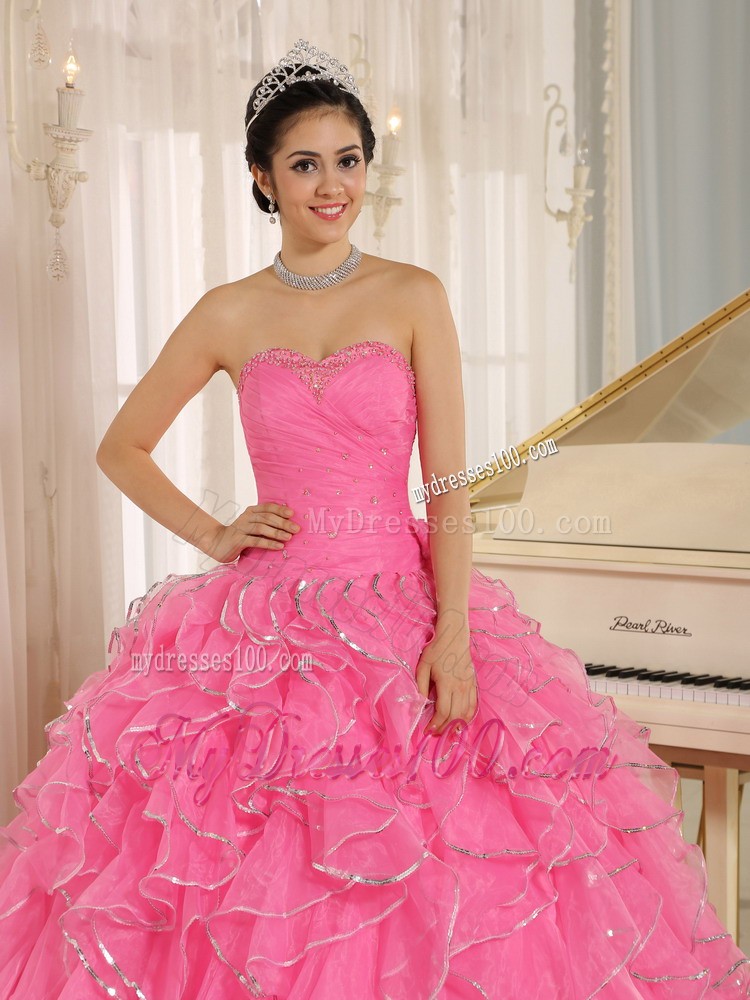 Ruffled and Beaded Rose Pink Quince Dress with Lace-up Back