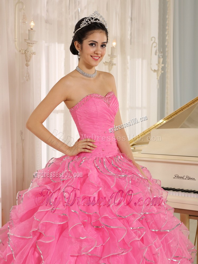 Ruffled and Beaded Rose Pink Quince Dress with Lace-up Back