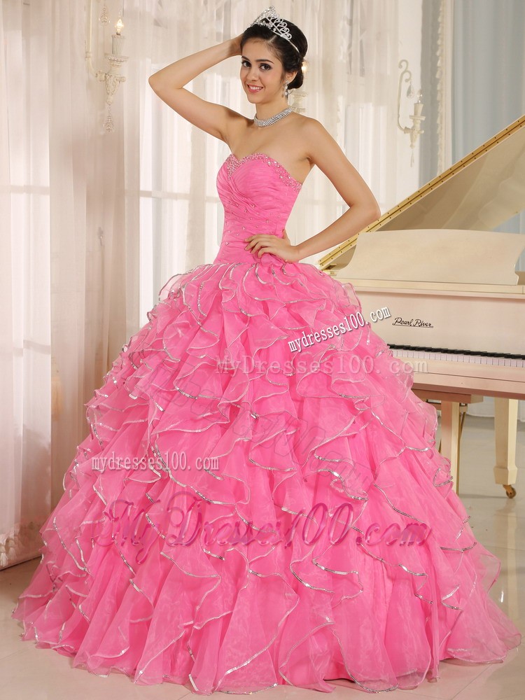 Ruffled and Beaded Rose Pink Quince Dress with Lace-up Back