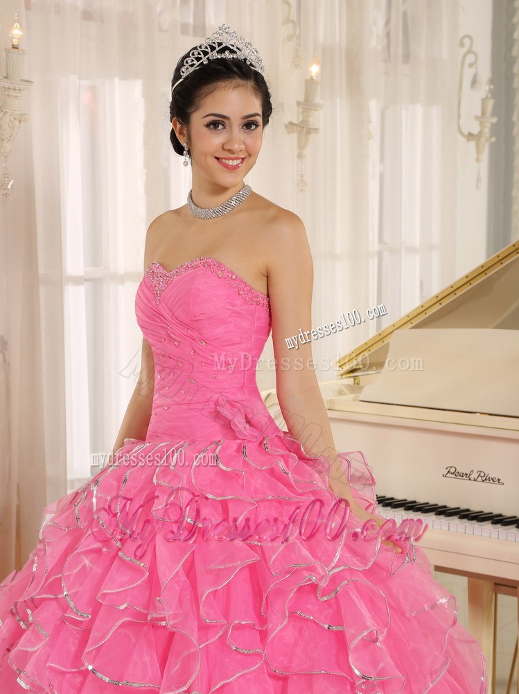 Ruffled and Beaded Rose Pink Quince Dress with Lace-up Back