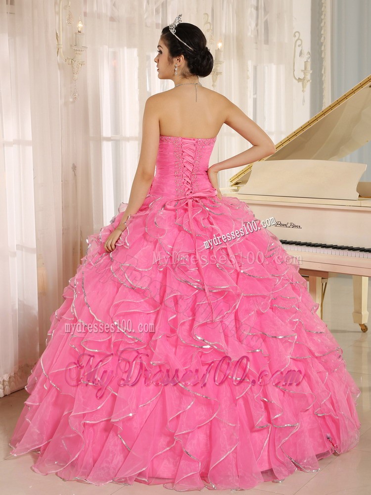 Ruffled and Beaded Rose Pink Quince Dress with Lace-up Back