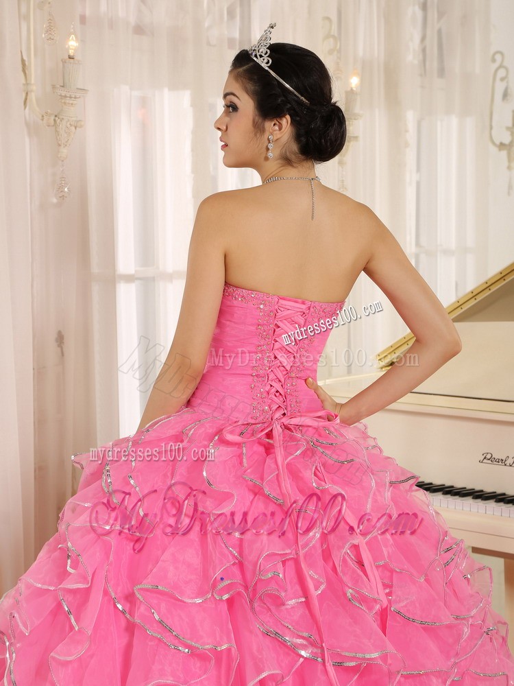 Ruffled and Beaded Rose Pink Quince Dress with Lace-up Back
