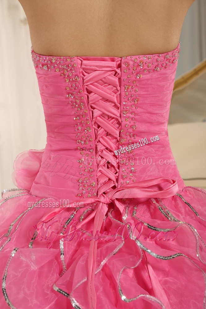 Ruffled and Beaded Rose Pink Quince Dress with Lace-up Back