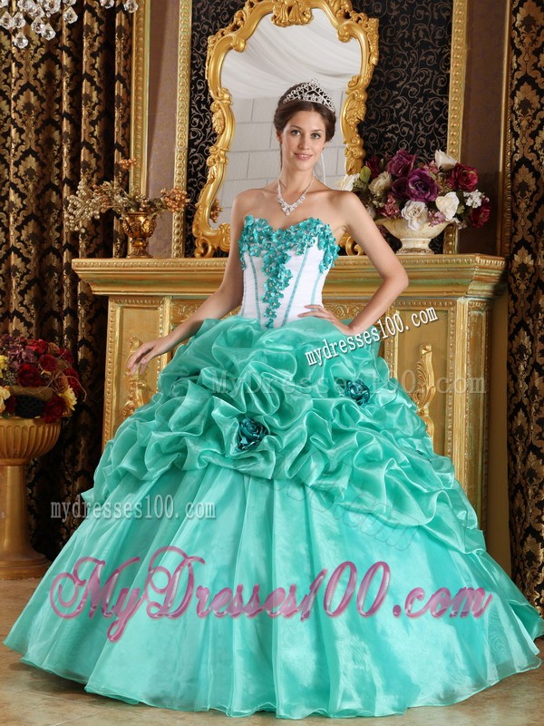 Sweetheart Apple Green and White Organza Flowery Quinceanera Gown
