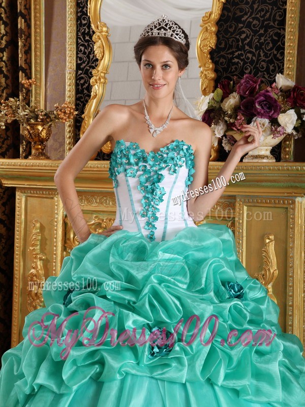 Sweetheart Apple Green and White Organza Flowery Quinceanera Gown