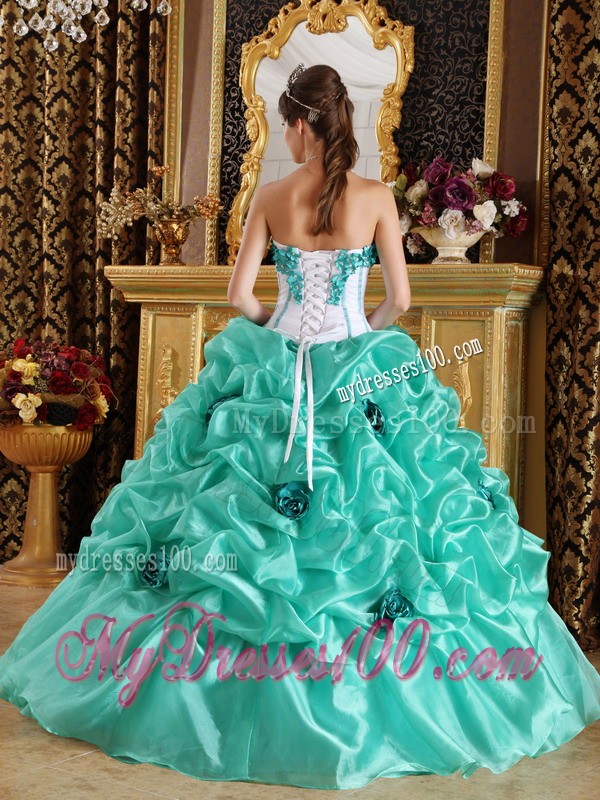 Sweetheart Apple Green and White Organza Flowery Quinceanera Gown