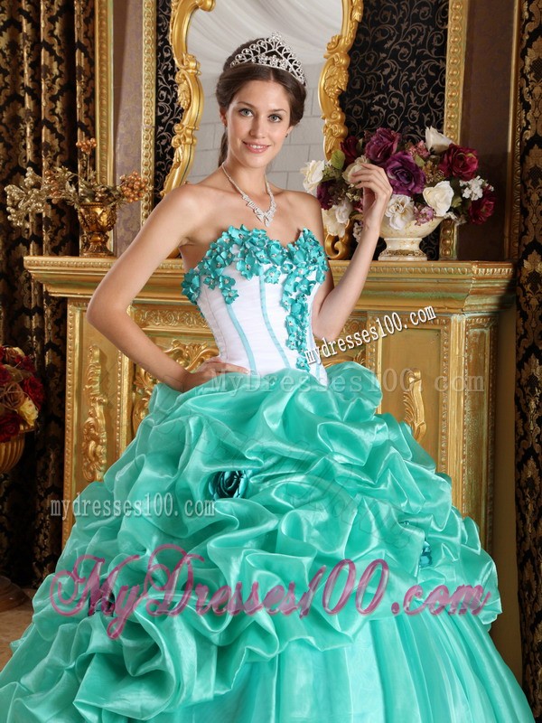 Sweetheart Apple Green and White Organza Flowery Quinceanera Gown