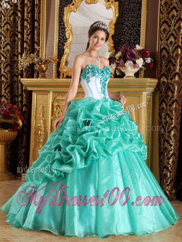Sweetheart Apple Green and White Organza Flowery Quinceanera Gown