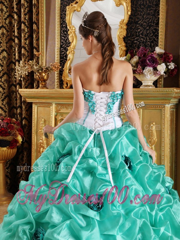 Sweetheart Apple Green and White Organza Flowery Quinceanera Gown