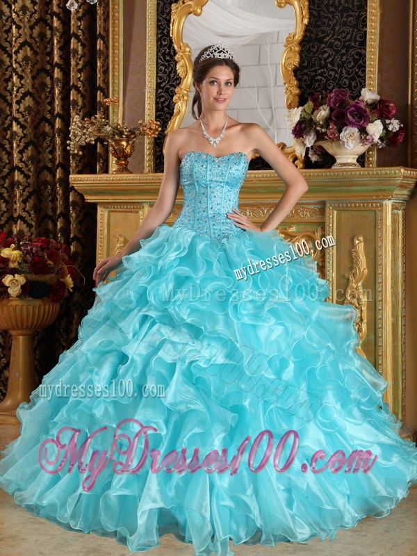 Sweet Aqua Blue Sweetheart Floor-length Organza Ruffles Quinceanera Gown