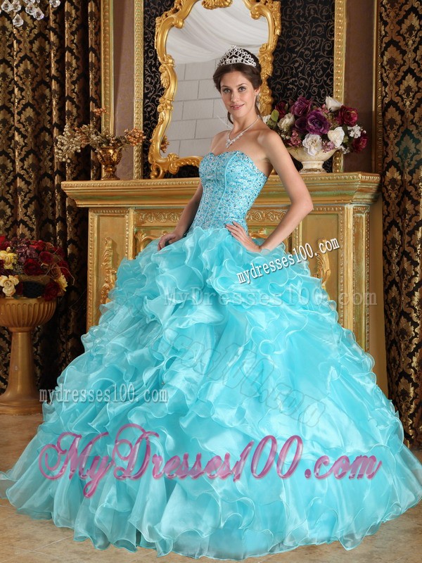 Sweet Aqua Blue Sweetheart Floor-length Organza Ruffles Quinceanera Gown