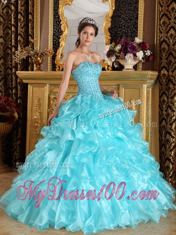 Sweet Aqua Blue Sweetheart Floor-length Organza Ruffles Quinceanera Gown