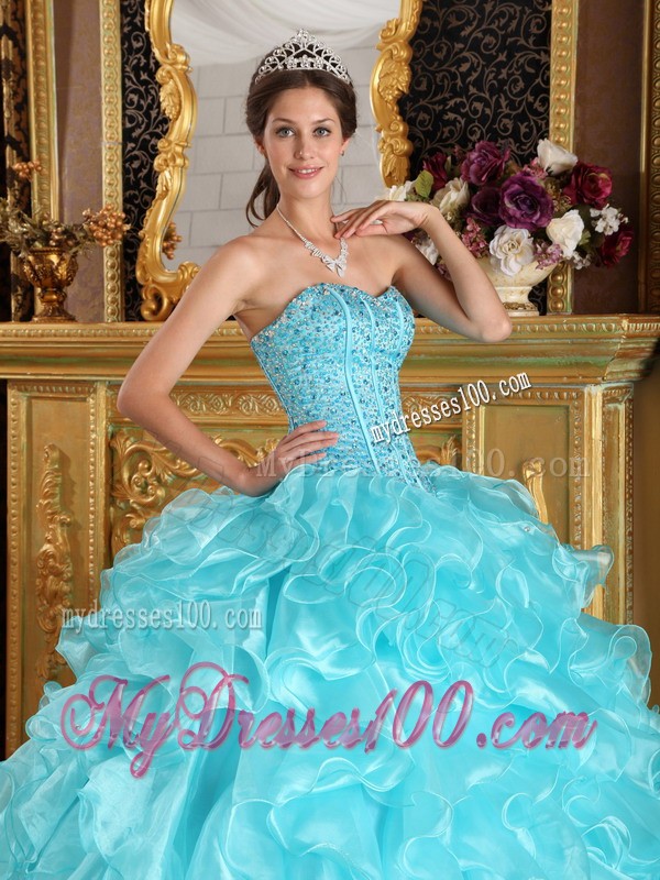 Sweet Aqua Blue Sweetheart Floor-length Organza Ruffles Quinceanera Gown