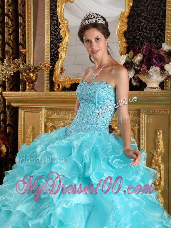 Sweet Aqua Blue Sweetheart Floor-length Organza Ruffles Quinceanera Gown