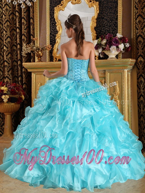 Sweet Aqua Blue Sweetheart Floor-length Organza Ruffles Quinceanera Gown