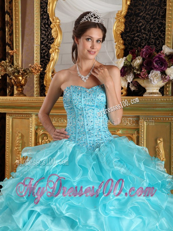 Sweet Aqua Blue Sweetheart Floor-length Organza Ruffles Quinceanera Gown
