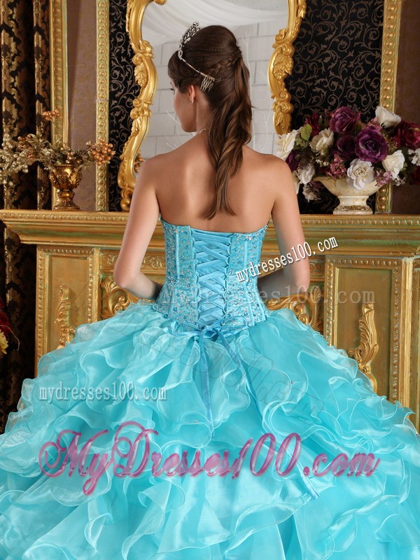 Sweet Aqua Blue Sweetheart Floor-length Organza Ruffles Quinceanera Gown