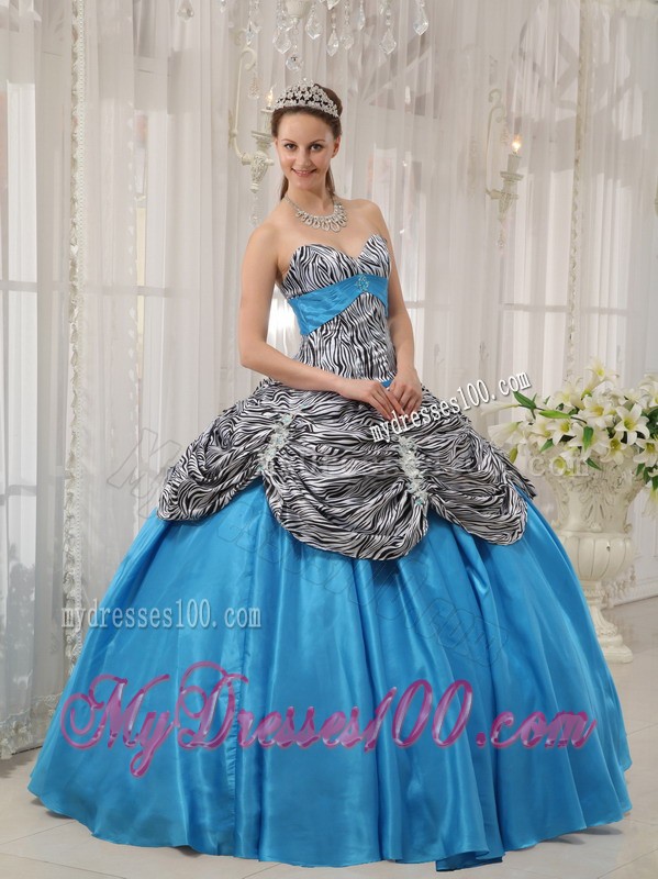 Aqua Blue Taffeta and Zebra Lace-up Back Quinceanera Gown