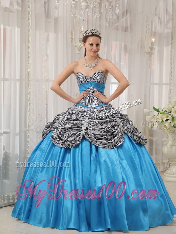 Aqua Blue Taffeta and Zebra Lace-up Back Quinceanera Gown