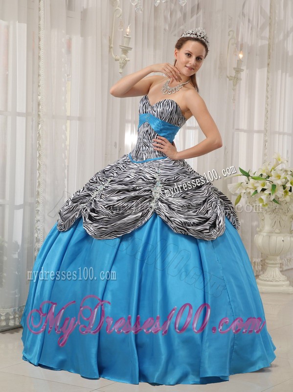 Aqua Blue Taffeta and Zebra Lace-up Back Quinceanera Gown
