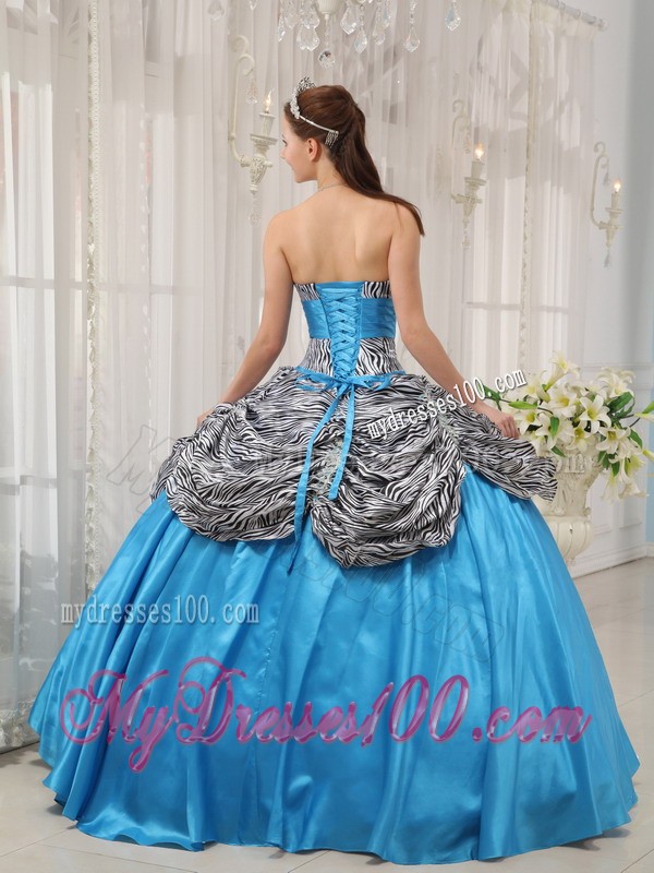 Aqua Blue Taffeta and Zebra Lace-up Back Quinceanera Gown
