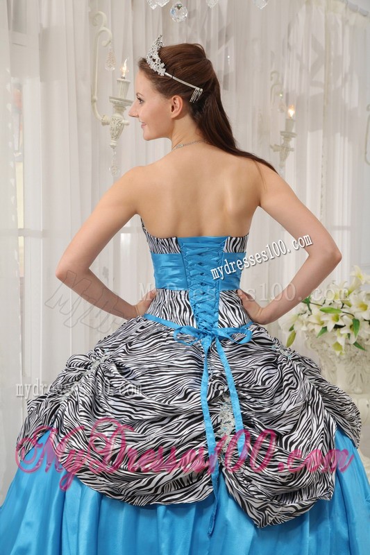 Aqua Blue Taffeta and Zebra Lace-up Back Quinceanera Gown