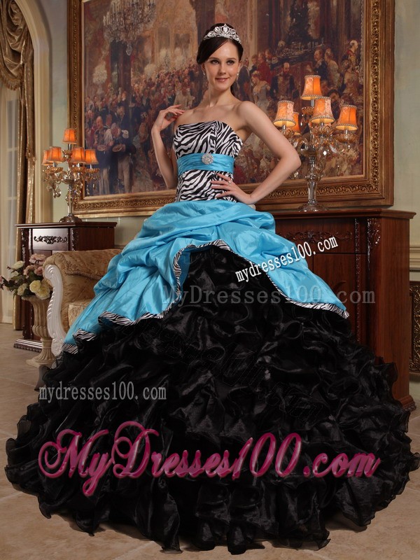 Aqua and Black Zebra Sweetheart Pick-ups Quinceanera Dress