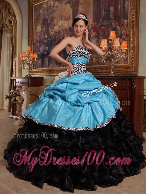 Aqua and Black Zebra Sweetheart Pick-ups Quinceanera Dress